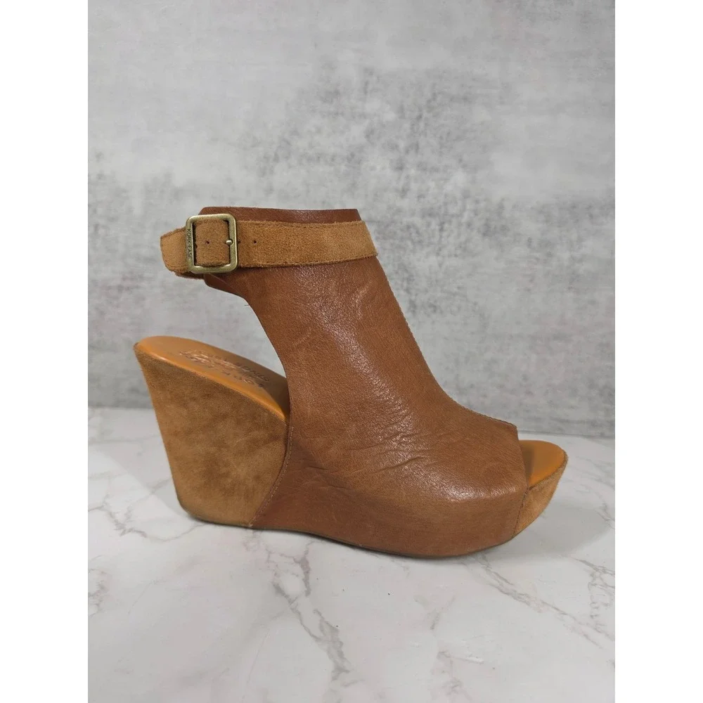 Kork-Ease Berit Tan Suede Platform Wedge Sandals Ankle Strap Peep Toe Womens 9M
